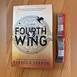 Fourth Wing hardcover by Rebecca Yarros and two LMNTs